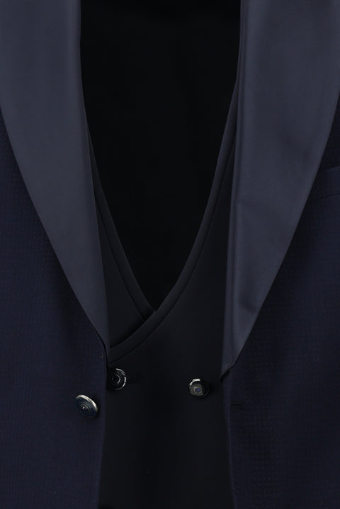 Koyu Lacivert 7 Drop Slim Fit Dar Kesim Şal Yaka Yelekli Smokin & Damatlık