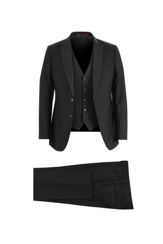  Siyah 7 Drop Slim Fit Dar Kesim Sivri Yaka Yelekli Smokin & Damatlık