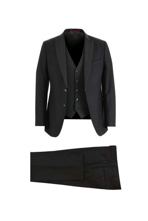 Siyah 7 Drop Slim Fit Dar Kesim Sivri Yaka Yelekli Smokin & Damatlık