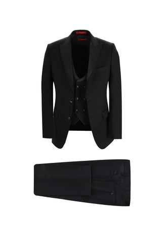 Siyah 7 Drop Slim Fit Dar Kesim Sivri Yaka Yelekli Smokin & Damatlık