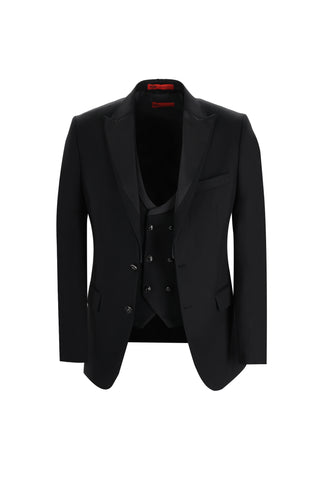  Siyah 7 Drop Slim Fit Dar Kesim Sivri Yaka Yelekli Smokin & Damatlık