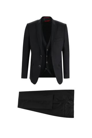  Siyah 7 Drop Slim Fit Dar Kesim Sivri Yaka Yelekli Smokin & Damatlık