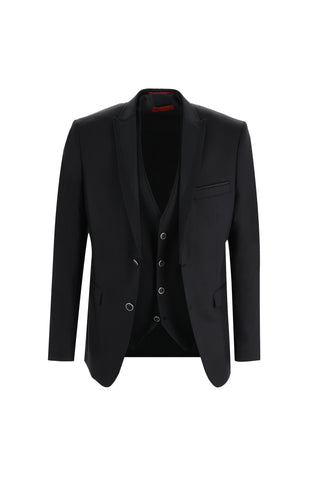  Siyah 7 Drop Slim Fit Dar Kesim Sivri Yaka Yelekli Smokin & Damatlık