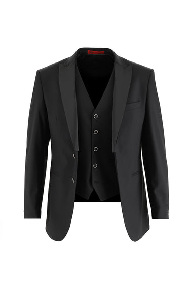 Siyah Slim Fit Dar Kesim Sivri Yaka Yelekli Smokin / Damatlık