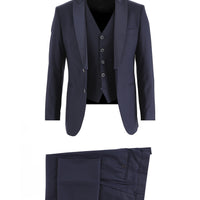 Koyu Lacivert Slim Fit Dar Kesim Sivri Yaka Yelekli Smokin & Damatlık