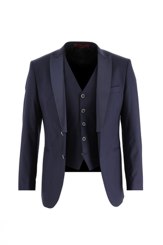  Koyu Lacivert Slim Fit Dar Kesim Sivri Yaka Yelekli Smokin & Damatlık