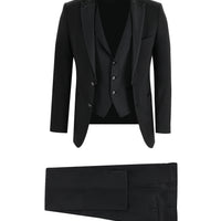 Siyah Slim Fit Dar Kesim Sivri Yaka Yelekli Smokin & Damatlık