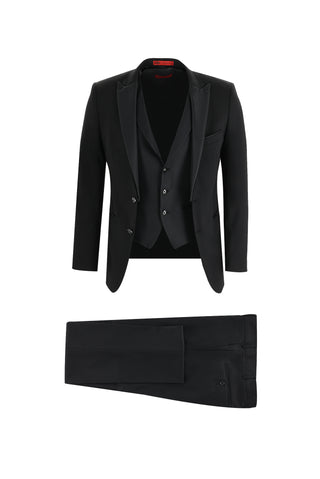  Siyah Slim Fit Dar Kesim Sivri Yaka Yelekli Smokin & Damatlık