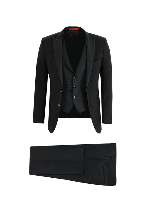 Siyah 7 Drop Slim Fit Dar Kesim Sivri Yaka Yelekli Smokin & Damatlık