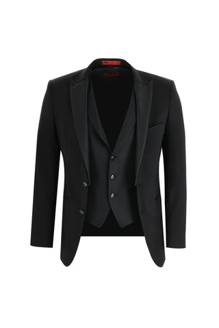  Siyah Slim Fit Dar Kesim Sivri Yaka Yelekli Smokin & Damatlık