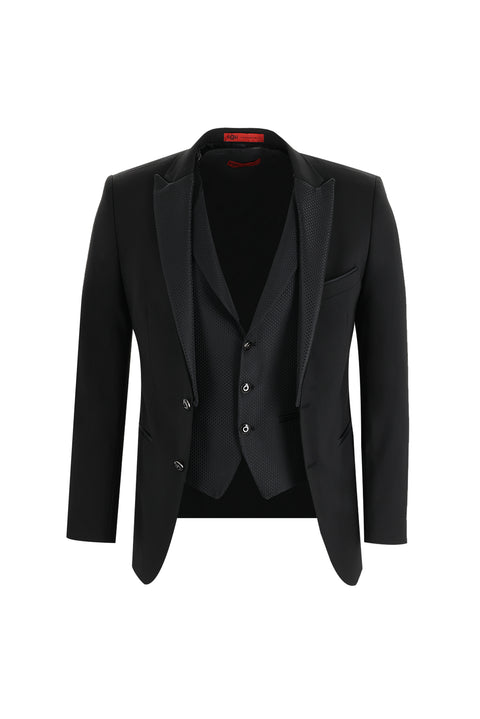 Siyah 7 Drop Slim Fit Dar Kesim Sivri Yaka Yelekli Smokin & Damatlık