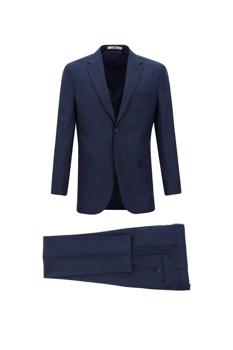 Orta Lacivert 7 Drop Slim Fit Dar Kesim Çizgili Takım Elbise