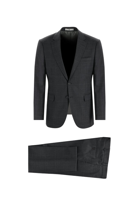 Medium Gray 7 Drop Slim Fit Narrow Cut Plaid Wool Suit