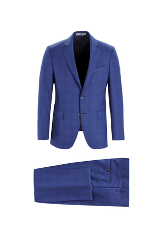  Mavi Slim Fit Dar Kesim Yünlü Ekose Takım Elbise