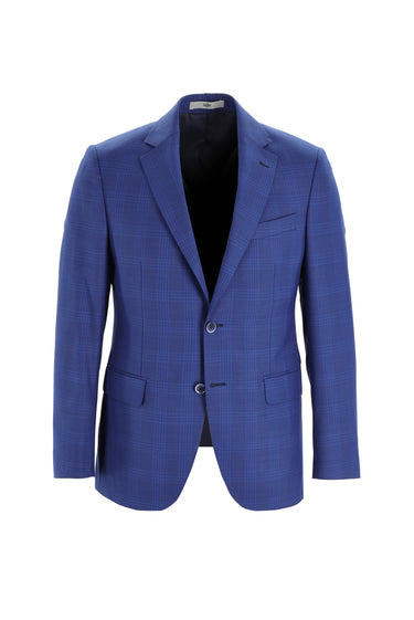  Mavi Slim Fit Dar Kesim Yünlü Ekose Takım Elbise
