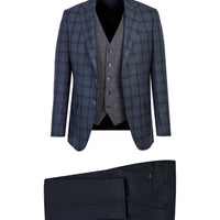 Koyu Lacivert Slim Fit Dar Kesim Yelekli Desenli Kombinli Takım Elbise