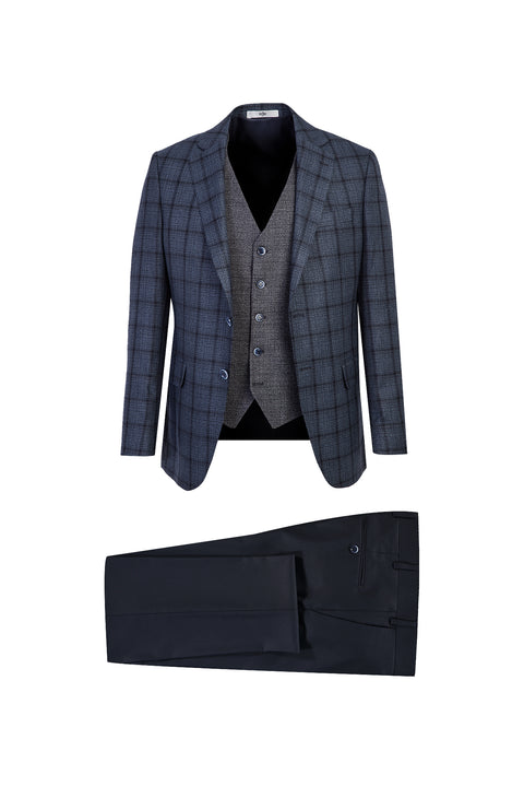 Koyu Lacivert 7 Drop Slim Fit Dar Kesim Yelekli Desenli Kombinli Takım Elbise