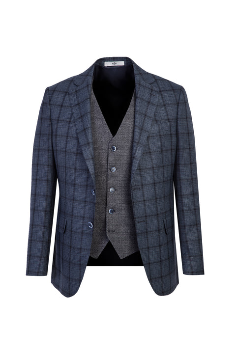 Koyu Lacivert 7 Drop Slim Fit Dar Kesim Yelekli Desenli Kombinli Takım Elbise