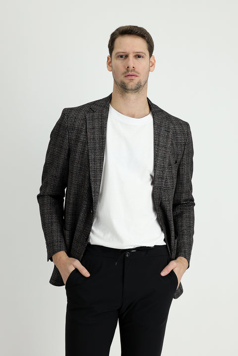 Black 4-Drop Relaxed Fit Plaid Jacket