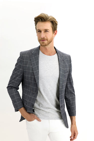 Siyah Slim Fit Dar Kesim Kareli Ceket