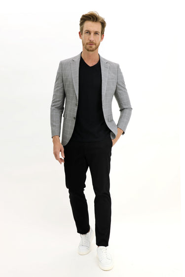 Açık Gri Slim Fit Dar Kesim Kareli Ceket