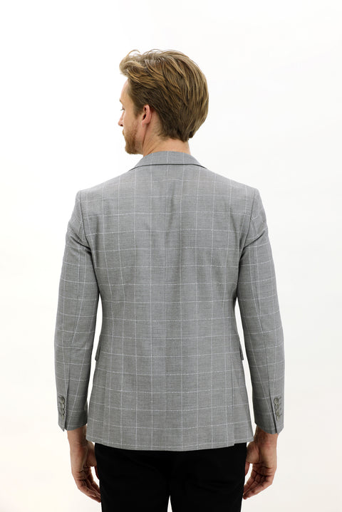 Açık Gri 7 Drop Slim Fit Dar Kesim Kareli Ceket