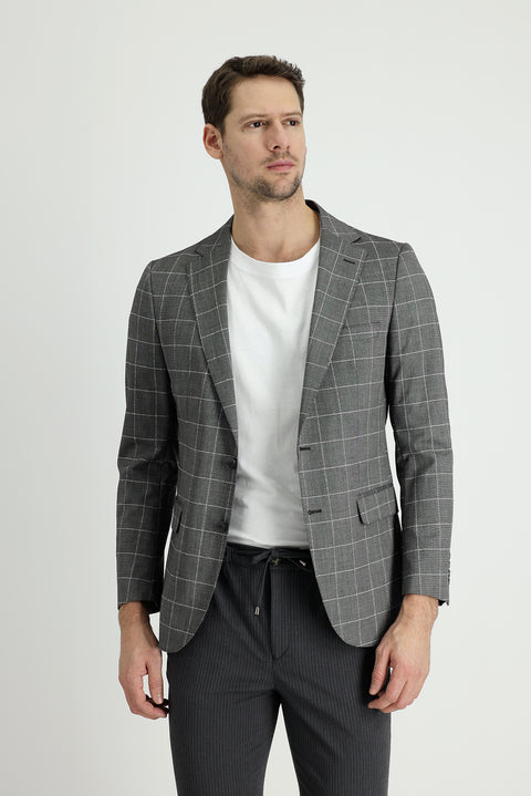 Orta Gri 7 Drop Slim Fit Dar Kesim Kareli Ceket