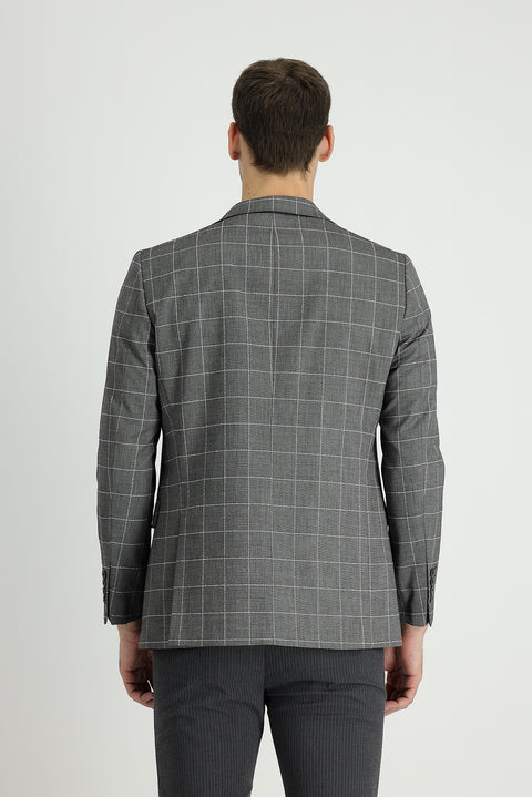 Orta Gri 7 Drop Slim Fit Dar Kesim Kareli Ceket