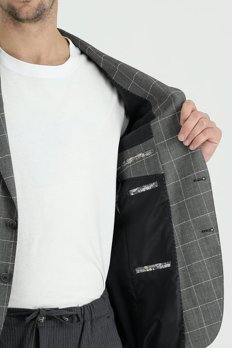 Orta Gri 7 Drop Slim Fit Dar Kesim Kareli Ceket