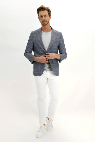 Koyu Mavi  Slim Fit Dar Kesim Kareli Ceket