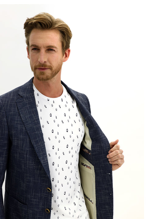 Koyu Lacivert 6 Drop Regular Fit Standart Kesim Desenli Ceket