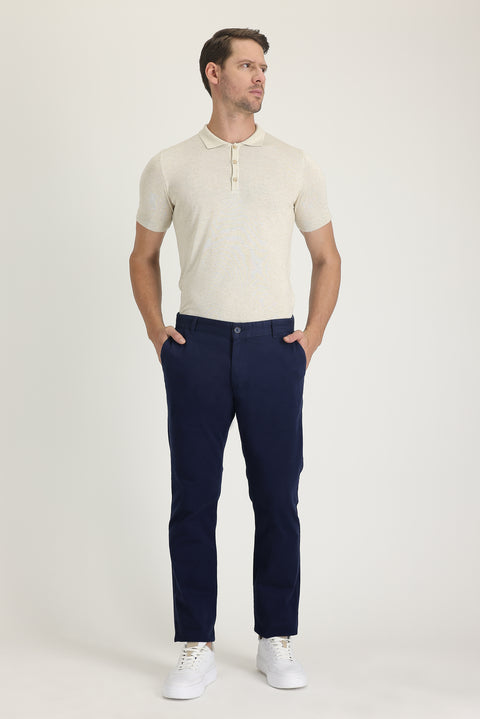Mid Navy Regular Fit Standard Cut Lycra Canvas / Chino Trousers