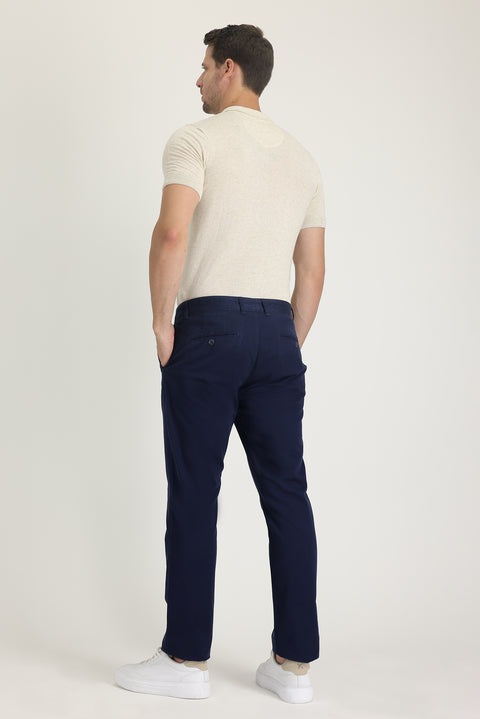 Mid Navy Regular Fit Standard Cut Lycra Canvas / Chino Trousers