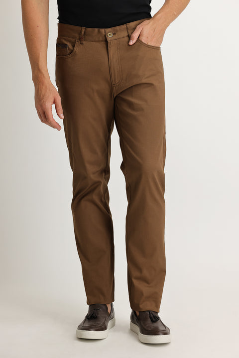 Mid Coffee Regular Fit Standard Cut Lycra Canvas / Chino Trousers