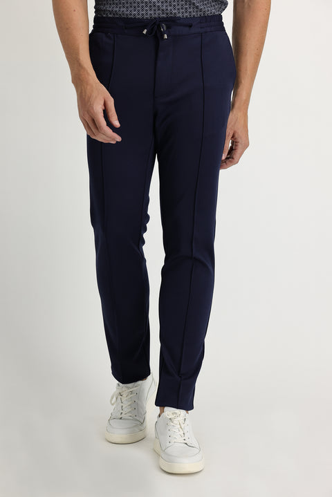 Koyu Lacivert 7 Drop Slim Fit Dar Kesim Beli Lastikli İpli Likralı Pantolon