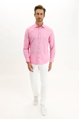  Pembe Uzun Kol Regular Fit Desenli Pamuk Gömlek