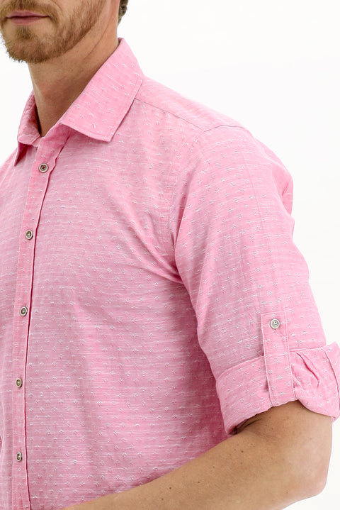 Pembe Uzun Kol Regular Fit Desenli Pamuk Gömlek