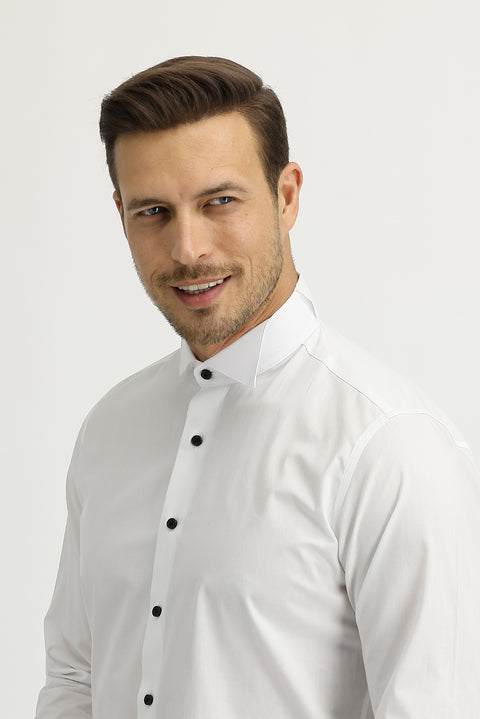 Beyaz Uzun Kol Ata Yaka Slim Fit Dar Kesim Pamuk Gömlek
