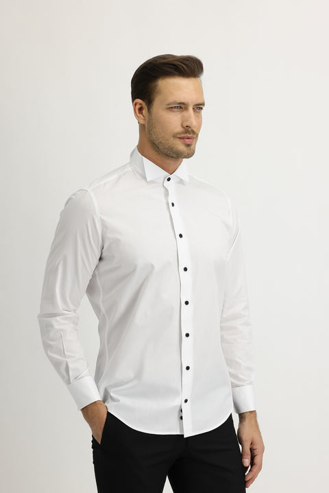 Beyaz Uzun Kol Ata Yaka Slim Fit Dar Kesim Pamuk Gömlek