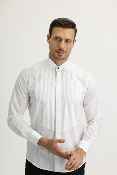  Beyaz Ata Yaka Slim Fit Dar Kesim Piliseli Pamuk Gömlek