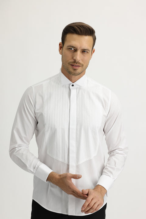 Beyaz Uzun Kol Ata Yaka Slim Fit Dar Kesim Pamuk Gömlek