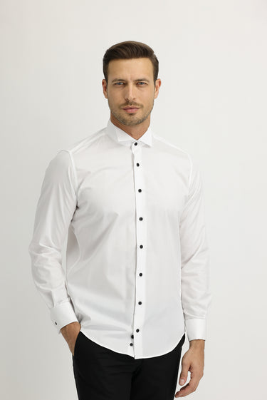 Beyaz Uzun Kol Ata Yaka Slim Fit Dar Kesim Easy Care Pamuk Gömlek