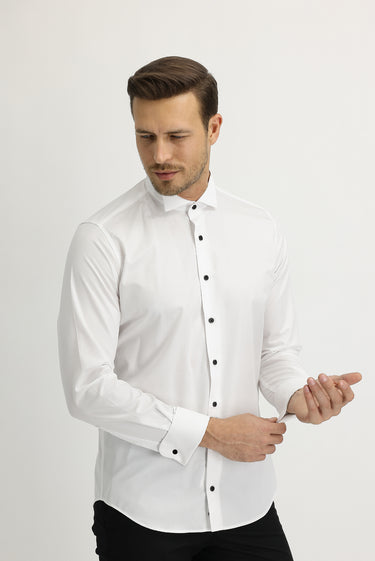 Beyaz Uzun Kol Ata Yaka Slim Fit Dar Kesim Easy Care Pamuk Gömlek