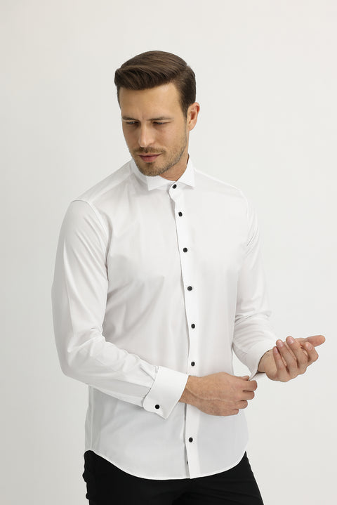 Beyaz Ata Yaka Slim Fit Dar Kesim Pamuk Gömlek