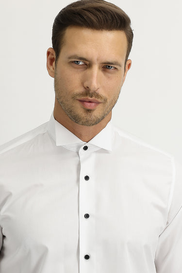 Beyaz Uzun Kol Ata Yaka Slim Fit Dar Kesim Easy Care Pamuk Gömlek