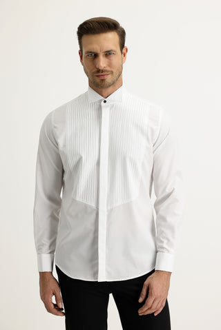  Beyaz Ata Yaka Slim Fit Dar Kesim Piliseli Pamuk Gömlek