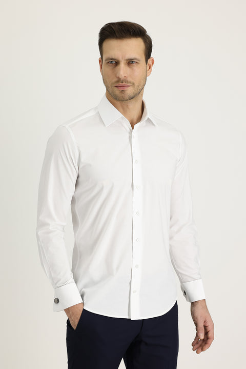 Beyaz Uzun Kol Slim Fit Dar Kesim Manşetli Pamuk Gömlek