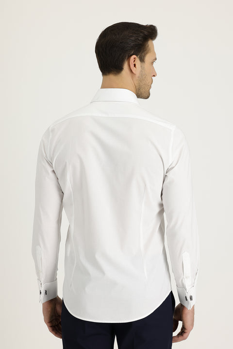 Beyaz Uzun Kol Slim Fit Dar Kesim Manşetli Pamuk Gömlek