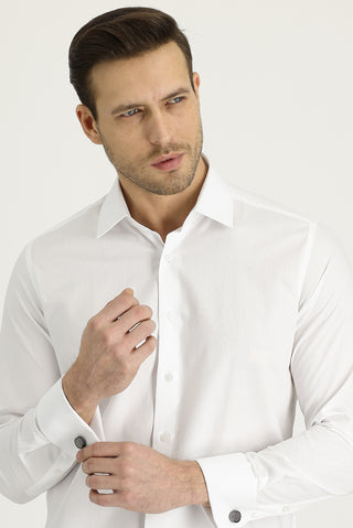  Beyaz Uzun Kol Slim Fit Dar Kesim Manşetli Pamuk Gömlek