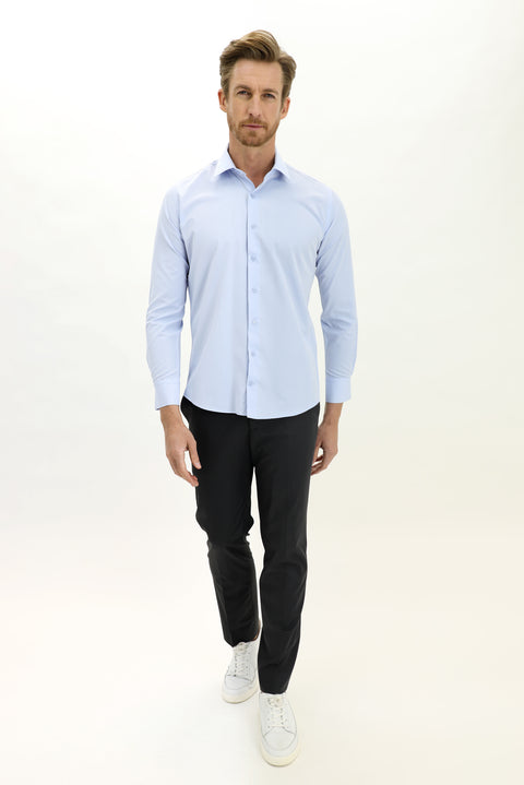 Uçuk Mavi Uzun Kol Slim Fit Dar Kesim Desenli Pamuklu Gömlek